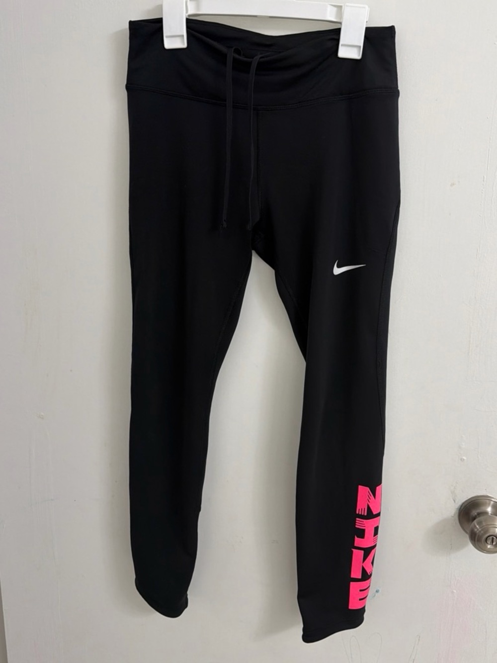 Nike Black Leggings with Pink Vertical Logo and White Swoosh